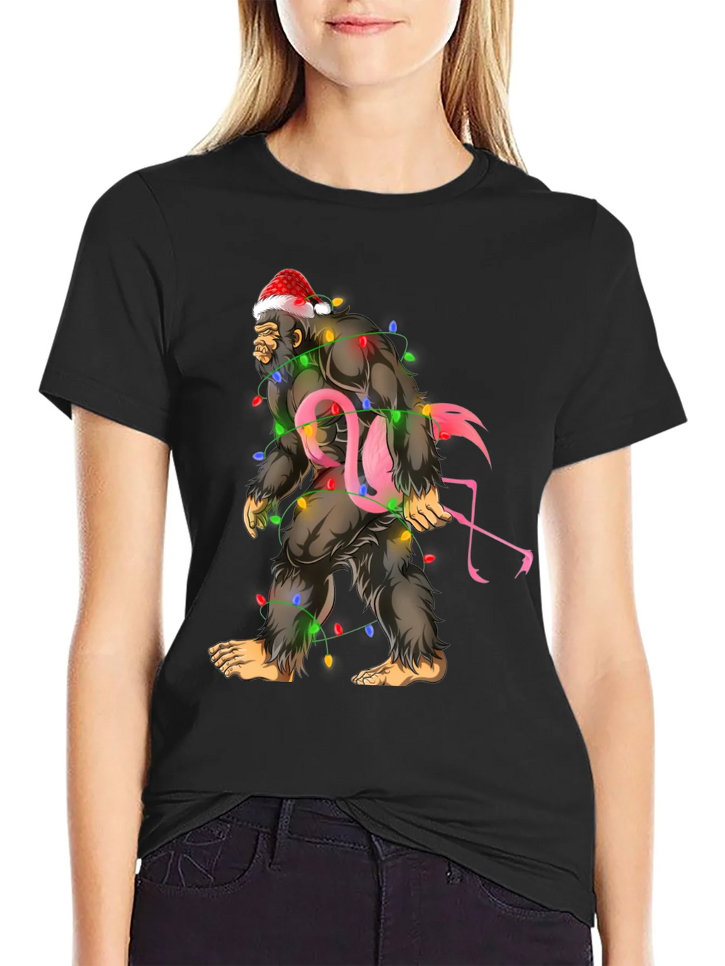 Sasquatch Flamingo Christmas Lights Graphic Tee product image 2