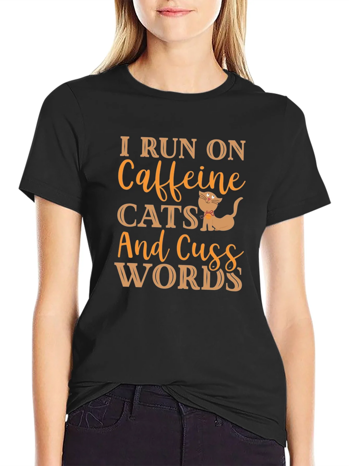 I Run On Caffeine Cats and Cuss Words Black T-Shirt product image 1