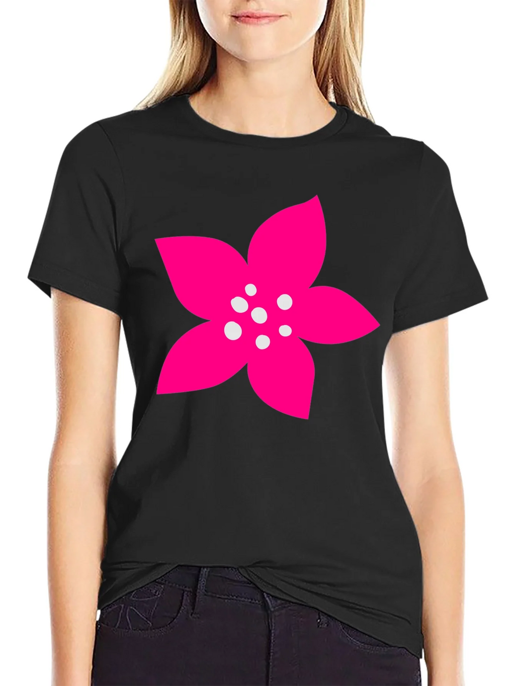 Black T-Shirt with Pink Flower Graphic product image 2