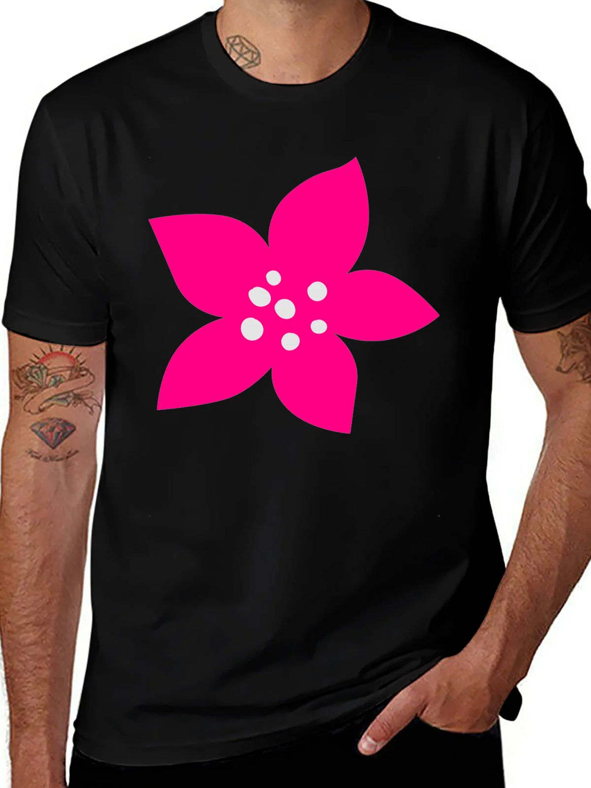 Black T-Shirt with Pink Flower Graphic product image 1