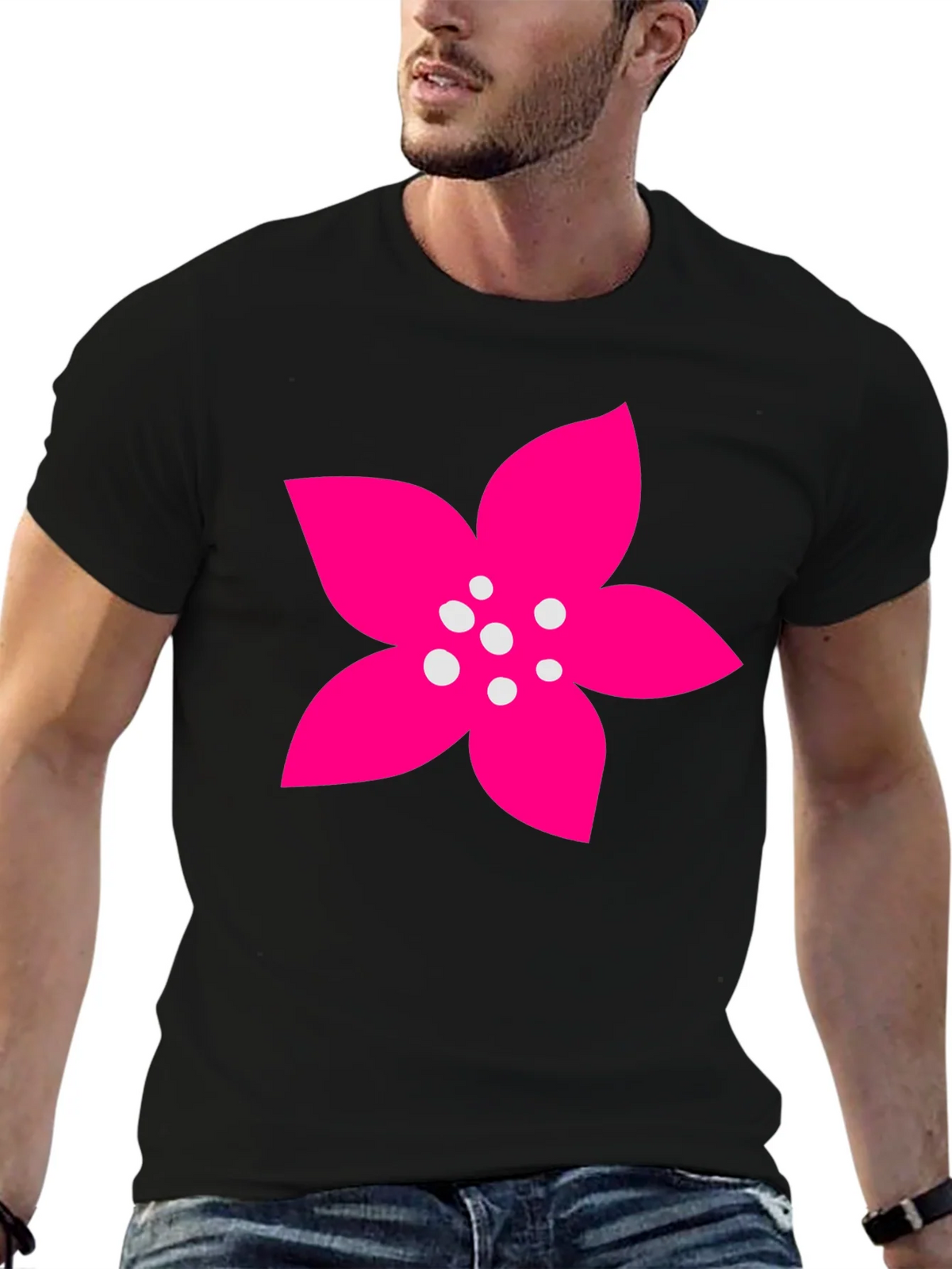 Black T-Shirt with Pink Flower Graphic product image 6