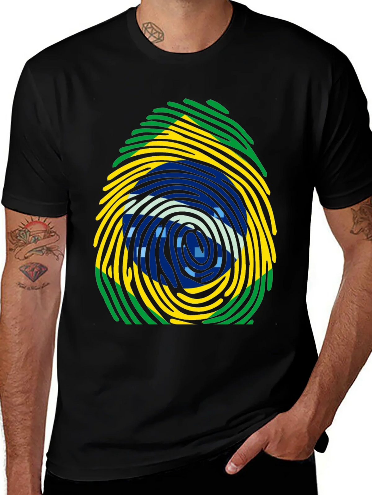 Brazil Flag Fingerprint T-Shirt - Black Cotton Tee product image 1
