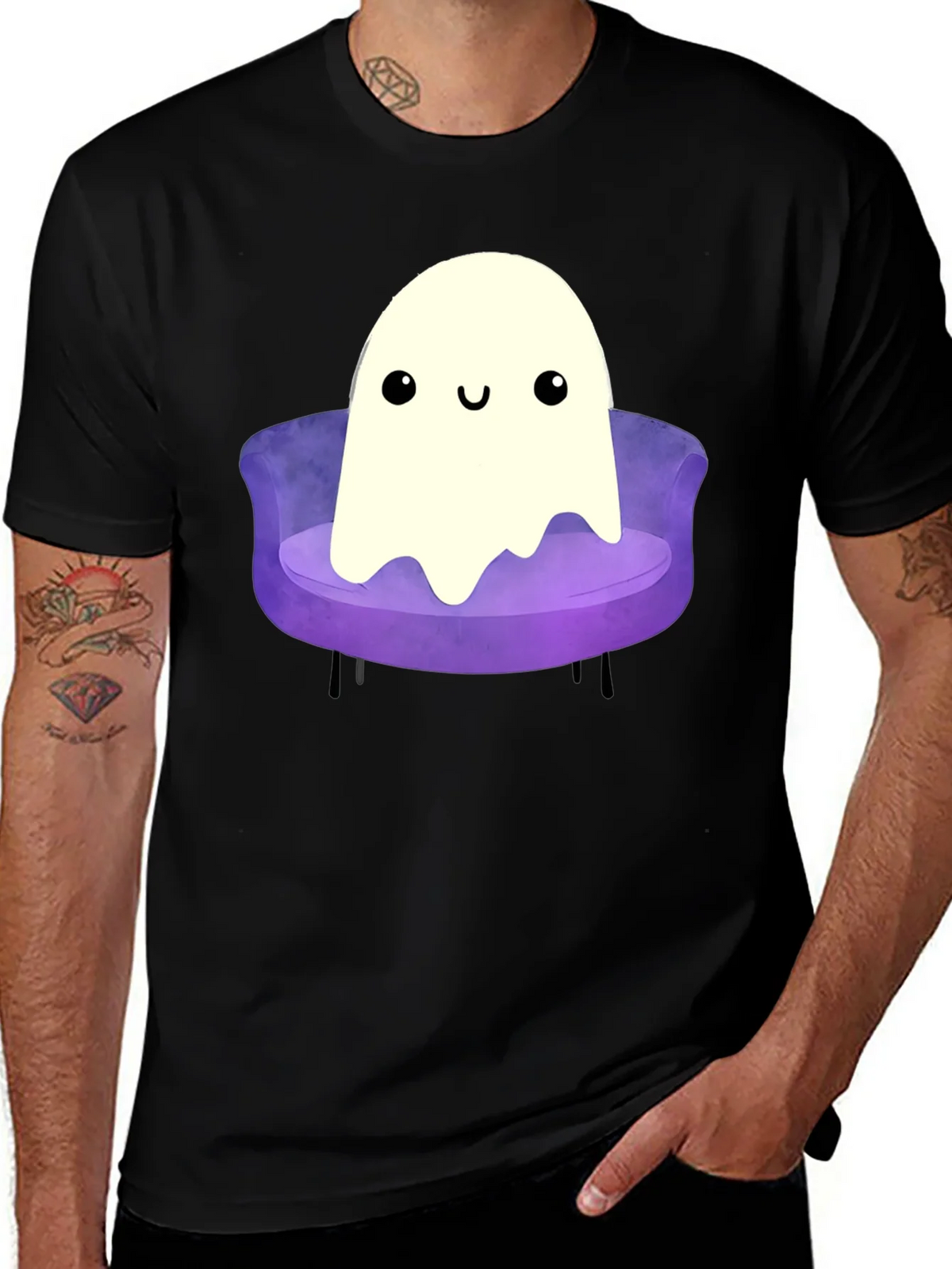 Cute Ghost on Couch Graphic Tee - Black Cotton Comfort product image 1