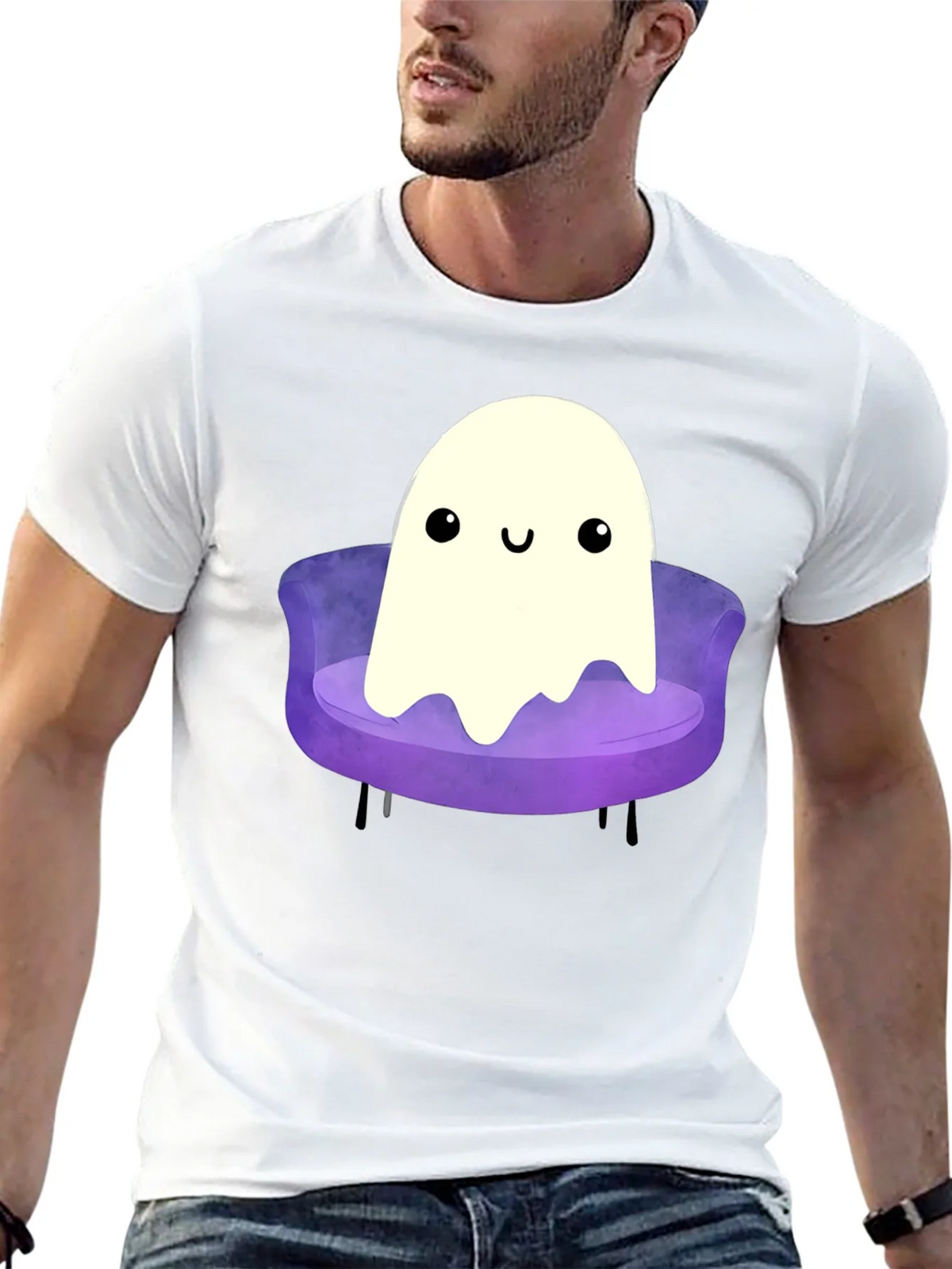 Cute Ghost on Couch Graphic Tee - Black Cotton Comfort product image 11