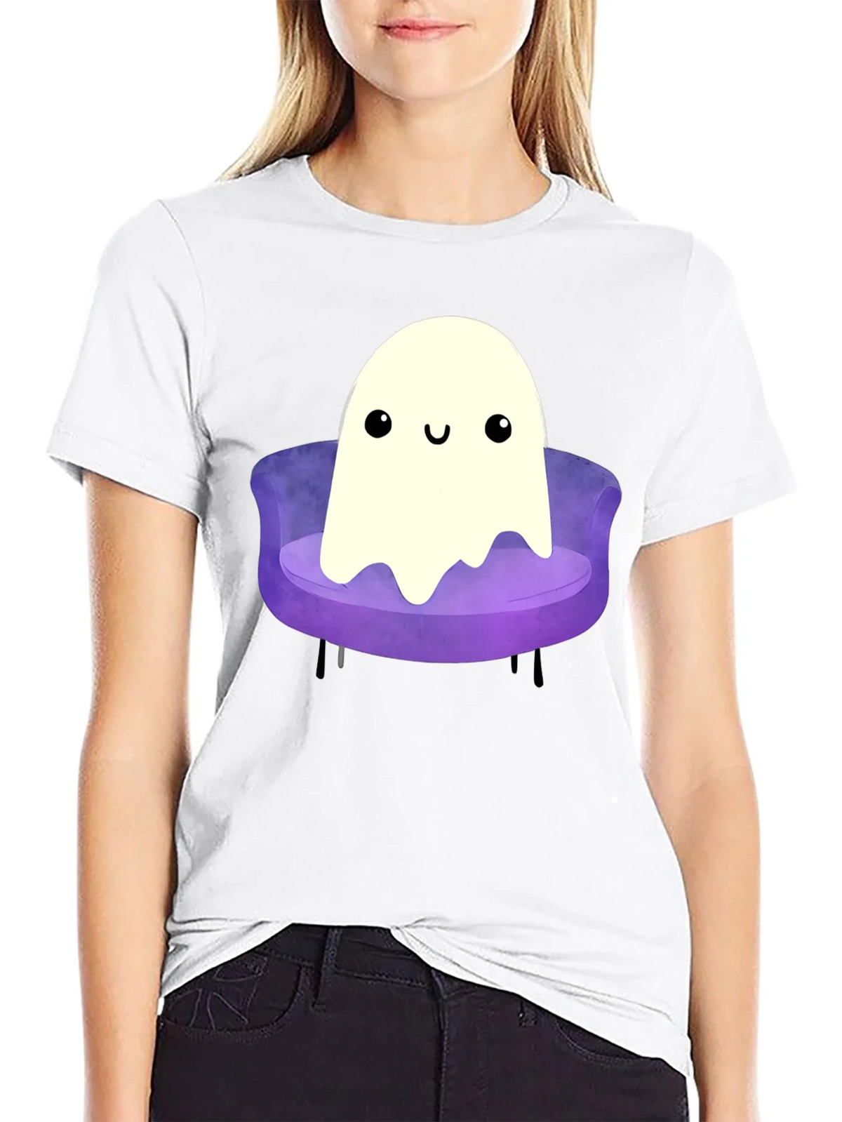 Cute Ghost on Couch Graphic Tee - Black Cotton Comfort product image 7