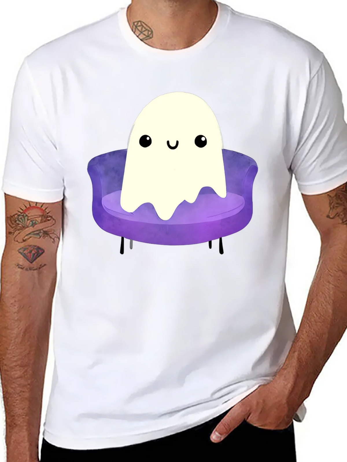 Cute Ghost on Couch Graphic Tee - Black Cotton Comfort product image 6
