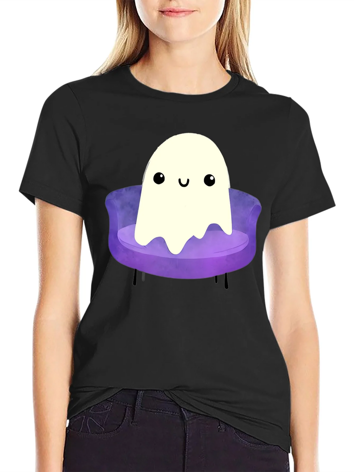 Cute Ghost on Couch Graphic Tee - Black Cotton Comfort product image 2