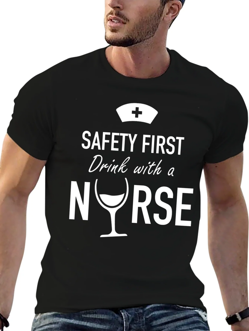 Safety First Nurse Drink T-Shirt - Black Novelty Tee product image 2